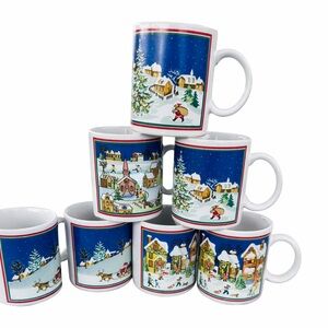 Vintage Lefton Christmas Village Mug Set 7pc Holiday Storybook Cups 8oz